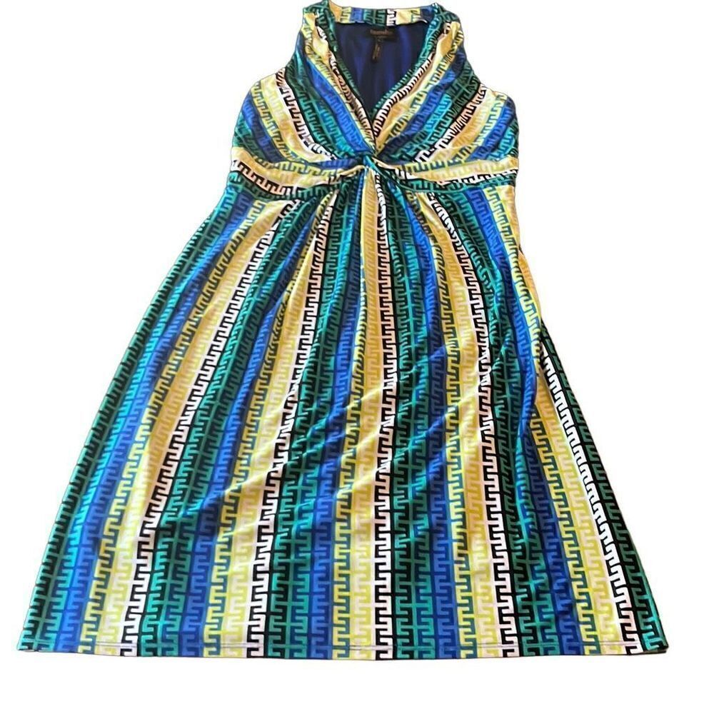 Laundry by Shelli Segal Blue Green Geometric Greek Key Twist‎ Front Dress 4